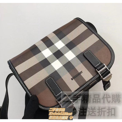 艾拉二手Burberry 巴寶莉女包 博柏利 男女款 格紋郵差包翻蓋斜挎包 黑色 帆布 80365521