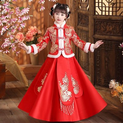 拜年服 女童 漢服 冬季 古風兒童紅色新年中國風 唐裝 女孩 喜慶 過年衣服