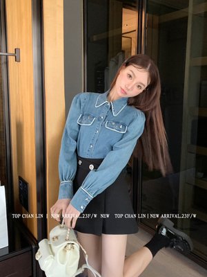 TOPCHANLIN2023十三行春款女裝韓系淑女泡泡袖POLO領白邊牛仔襯衫-范斯頓配件工廠