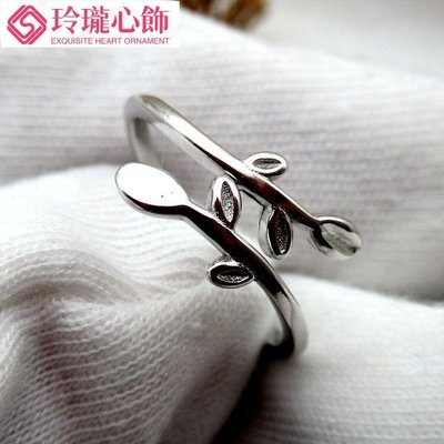 韓國戒指女S925純銀開口樹葉戒指原創銀飾品甜美清新個性食指指環~玲瓏心飾