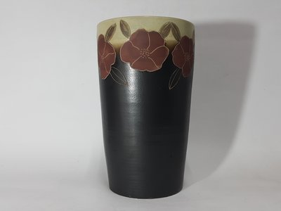 [銀九藝] 陶瓷瓷器 早期 三朵花 長筒型 手拉坏 花瓶 花器 有落款