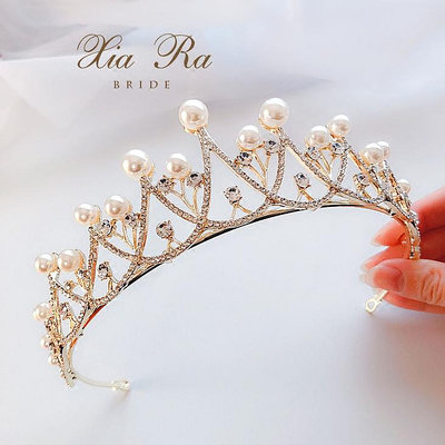 高檔淺金色珍珠水鉆新娘皇冠頭飾婚禮飾品香檳色婚紗兒童頭冠發飾
