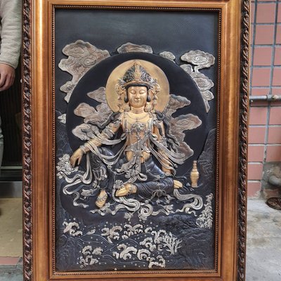 中國銅雕名家-田耀民(自在觀音鎏金銅浮雕)76x110cm