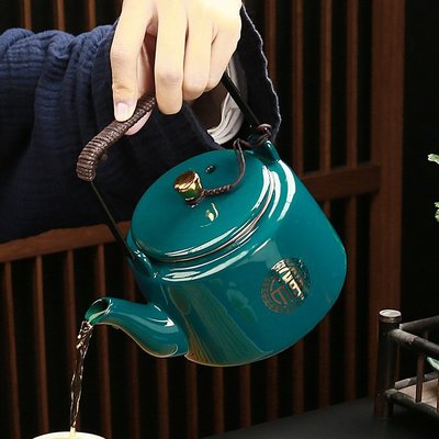 現貨熱銷-翡翠綠茶壺陶瓷家用大號單壺中式提梁泡茶壺帶過濾網茶樓古聲古色茶壺單壺