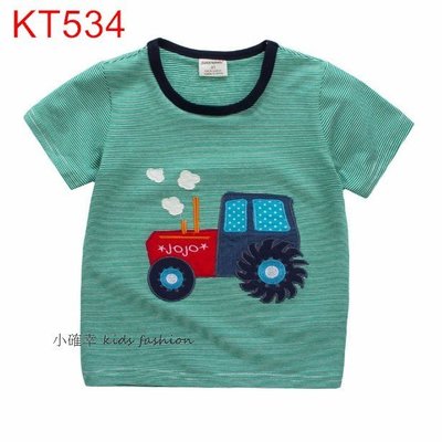 小確幸衣童館KT534 歐美款純棉綠色條紋短袖T恤 小男生最愛工程車