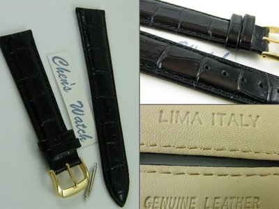【錶帶家】『嚴選』LIMA 義大利進口黑色亮皮牛皮錶帶壓鱷魚紋真皮錶帶 16mm 14mm 12mm