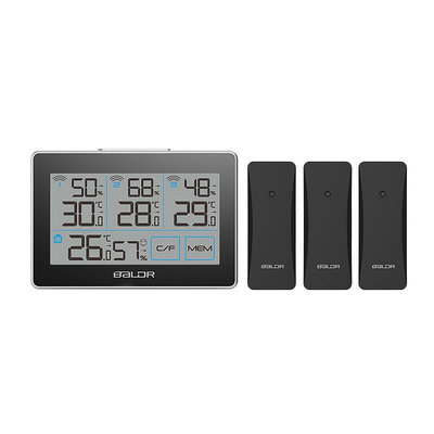 【現貨】促銷Baldr新款三通道無線室內外溫濕度計一拖三LCD氣象鐘氣象站舒適度