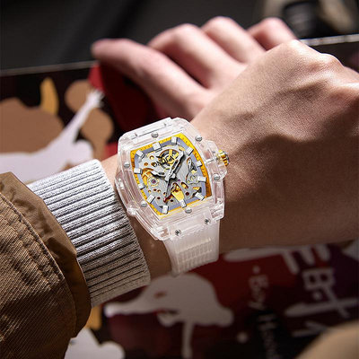 ONOLA時尚新款鏤空全自動機械手錶男士防水透明殼膠帶手錶男運動日常穿搭手錶流行