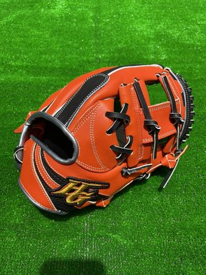 棒球世界全新Hi-Gold硬式牛皮棒壘球內野手工字檔手套特價橘黑配色11.5吋