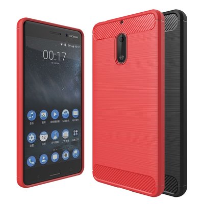 智慧購物王》Nokia 6 5.5吋碳纖維拉絲紋軟殼散熱防震抗摔手機殼-黑/紅