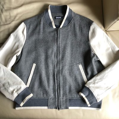 [品味人生] 保證正品 DKNY 灰白 毛料 皮革衣袖 棒球外套   夾克  size XXL