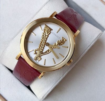 VERSACE Virtus 銀白色錶盤 酒紅色皮革錶帶 石英 女士手錶 VEHC00219