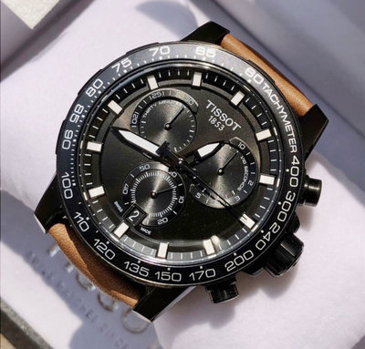 TISSOT Supersport Chrono 黑色面錶盤 棕色皮革錶帶 石英 三眼計時 男士手錶 T1256173605101 天梭腕錶