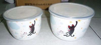 SOGO Malis 卜力貓二入琺瑯碗, 收納盒, 保鮮碗, 密封碗, 密封盒, 生鮮碗