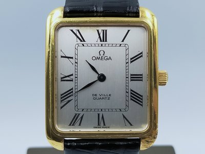 【發條盒子A0049】Omega 歐米茄 De Ville 系列 方型鍍金 石英皮帶 男仕腕錶 追蹤