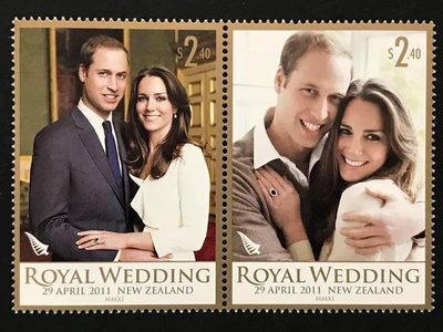 2011.03.23 紐西蘭 英國威廉王子和凱特·米德爾頓的王室婚禮 發行紀念郵票 套票2全 150元
