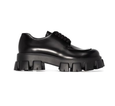 [全新真品代購-F/W22 新品!] PRADA 黑色皮革 厚底 德比鞋 / 皮鞋 (Monolith)
