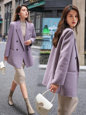 紫色小個子雙面呢羊毛西裝女秋冬新款韓系氣質羊絨大衣短外套