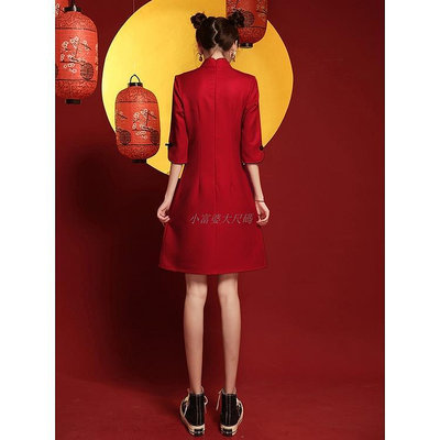 新款✨大尺碼國潮旗袍紅色年輕款少女改良式旗袍小個子短款連衣裙旗袍洋裝中國風洋裝 小富婆大尺碼