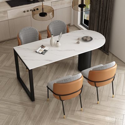 北歐實木巖板餐桌椅組合現代簡約小戶型家用輕奢長方形靠墻創意桌