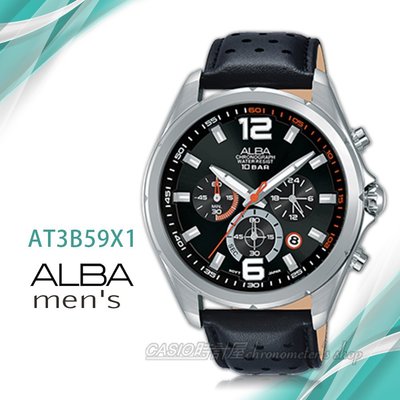 CASIO時計屋 ALBA 雅柏手錶 AT3B59X1 三眼計時男錶 皮革錶帶 黑 防水100米 日期顯示 分段時間 全