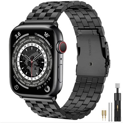 全館免運 蘋果apple watch7 6 SE 5 4 3 2 1五珠不銹鋼新款錶帶 iwatch金屬智能手錶錶帶 可開發票