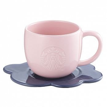 Starbucks 星巴克 2018年 櫻花杯系列 甜心粉紅杯盤組 粉紅色杯身 丈青色盤子