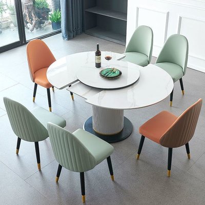 亮光巖板伸縮餐桌椅組合現代折疊橢圓形帶轉盤家用小戶型可變圓桌~特價