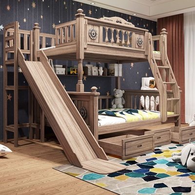 現貨熱銷-美式全實木兒童床上下鋪木床大人家用檀絲木兩層高低雙層床帶滑梯