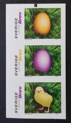 郵票瑞典郵票2001年復活節彩蛋小雞不干膠3全新外國郵票