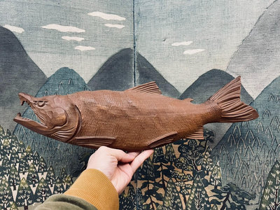 vintage日本中古木雕魚，魚置物擺件，裝飾掛件，一木雕一