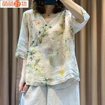 M-4XL 寬版大尺碼 2022 new民族風v領碎花寬鬆棉麻上衣女夏五分袖襯衫盤扣藝文復古風女裝~萌萌好物~