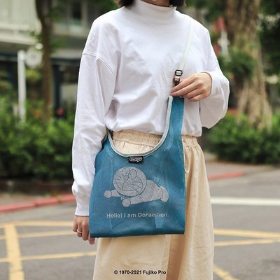 日系哆啦A夢購物袋 可愛網格環保袋 便攜折疊手提袋 卡通斜挎包-麥德好服裝包包