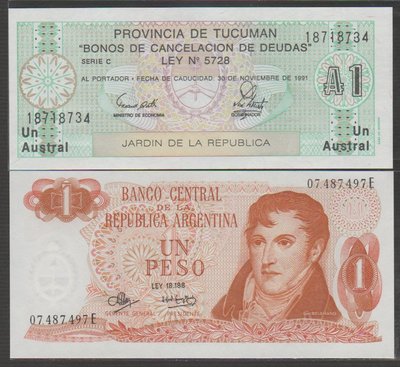 Ω≡ 外鈔 ≡Ω　1991.?年 / 阿根廷1元【 共2張 】99-全新