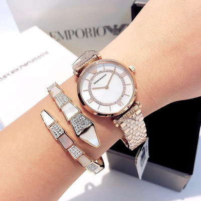 直購#Armani阿瑪尼滿天星鑲鑽手錶女士滿鑽玫瑰金石英女表 摩天輪ar11091