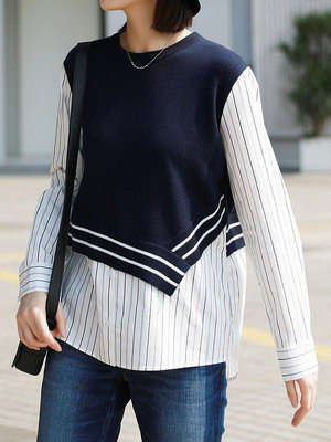 時尚芭莎~ 新款 精緻休閒 寬鬆廓型 撞色羊毛針織拼接純棉條紋 假兩件式襯衫上衣 兩色 (L1023)