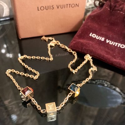 法國精品名牌LV Louis Vuitton玫瑰金色黃銅燙金鏈施華洛世奇閃亮紫紅黃水晶骰子方塊手鏈掛飾幸運GAMBLE 限定稀有款 項鍊鎖骨鏈