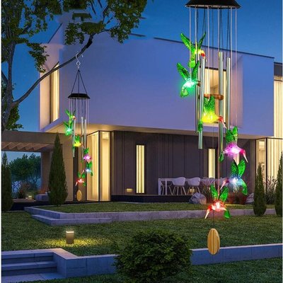 新款太陽能蜂鳥鋁管風鈴燈戶外庭院蝴蝶蜻蜓米球風鈴太陽能燈現貨