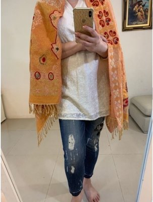 印度 童趣橘色變形蟲水煮羊毛圍巾 披肩   PASHMINA shamina cashmere冷氣毯