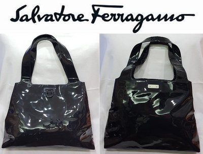 羅浮宮 真品 Salvatore Ferragamo 新款 黑馬蹄扣 黑漆皮雙層特大肩背包 手提袋 旅行袋 高質感精品