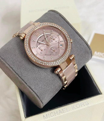 MICHAEL KORS  PARKER 晶鑽 粉色配玫瑰金色不鏽鋼錶帶 三眼計時 石英 女士手錶MK5896