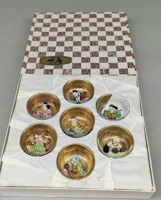 日本回流昭和時期九谷燒七福神酒盞酒杯茶杯一口杯，鎏金彩繪工藝