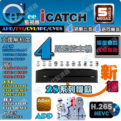 含稅 可取 4路 H.265 4音 主機 監視器 5MP iCATCH 五合一系統 APP遠端監控 2倍壓縮格式【ee監控網】