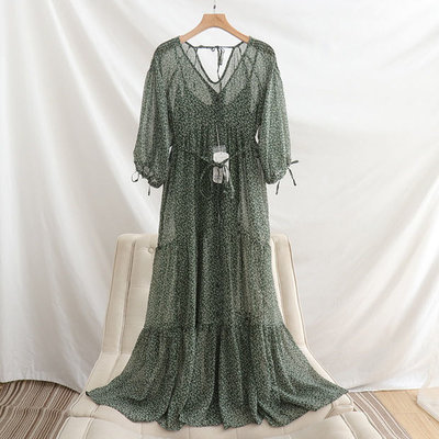 日本品牌綠色雪紡紗花草印花綁帶洋裝連身裙罩衫