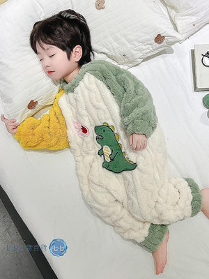 男童恐龍連體睡衣兒童秋冬季法蘭絨防著涼家居服男孩睡袋