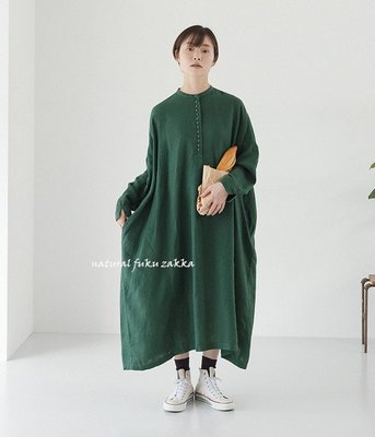日本品牌 ista-ire 氣質女孩 多釦 垂肩 麻質 長洋裝