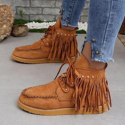 plus size tassel lace up short boots for women flat shoes 43