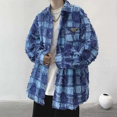 美式復古流蘇格紋設計感小眾上衣長袖襯衫hiphop歐美高街外套男