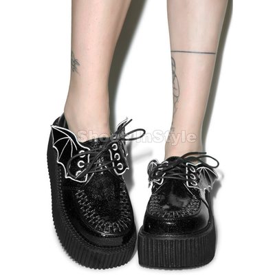 Shoes InStyle《三吋》美國品牌 DEMONIA 原廠正品英式龐克歌德蘿莉蝙蝠金蔥漆皮厚底平底鞋大尺碼『黑色』