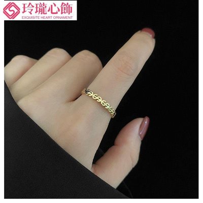 韓國新款奢華冷淡風個性時尚錢幣招財轉運符號鈦鋼金色食指戒指女YN-玲瓏心飾